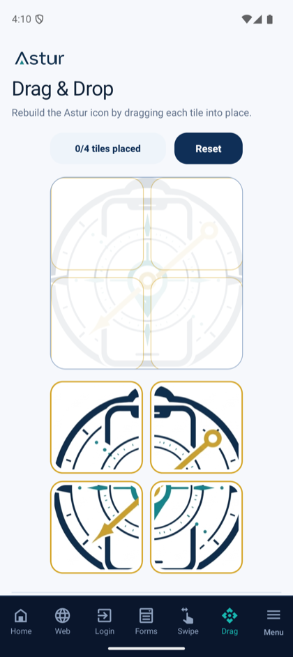 Drag and drop screen with a four-tile puzzle of the Astur icon.