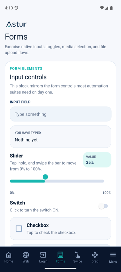 Input controls screen with text field, slider, switch, and checkbox.