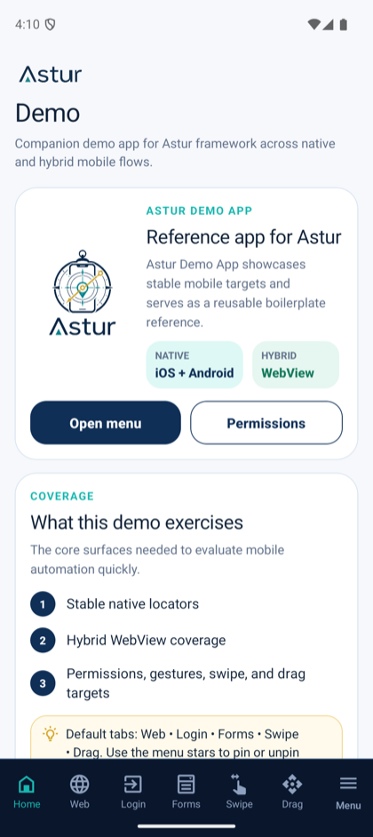 Demo home screen with hero card, coverage list, and bottom navigation.