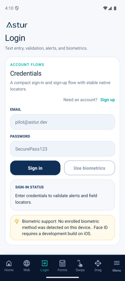 Credentials screen with email and password fields, sign in, and biometrics.