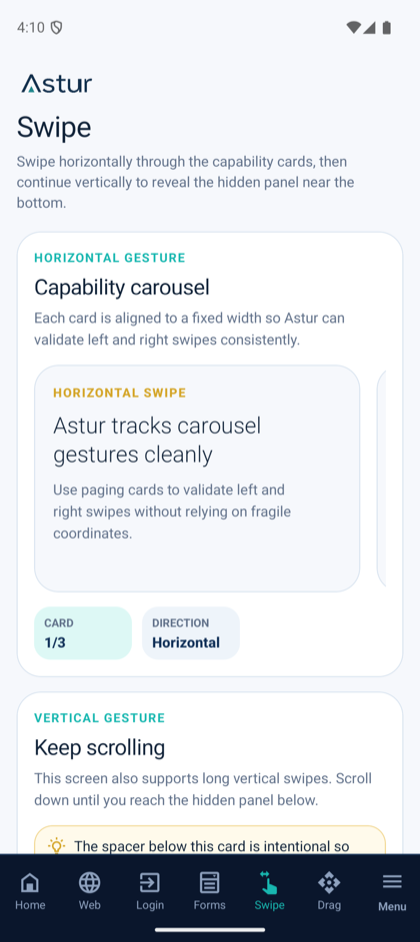Capability carousel screen showing a horizontal card carousel.