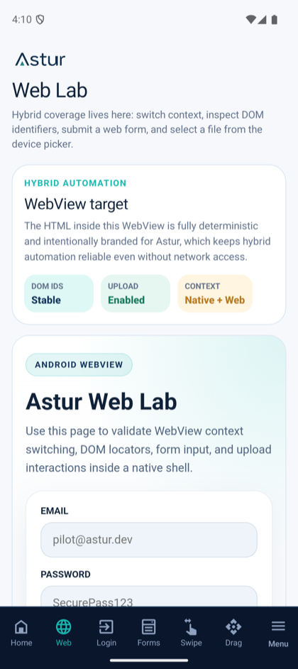 Web Lab screen showing a native WebView with DOM targets.