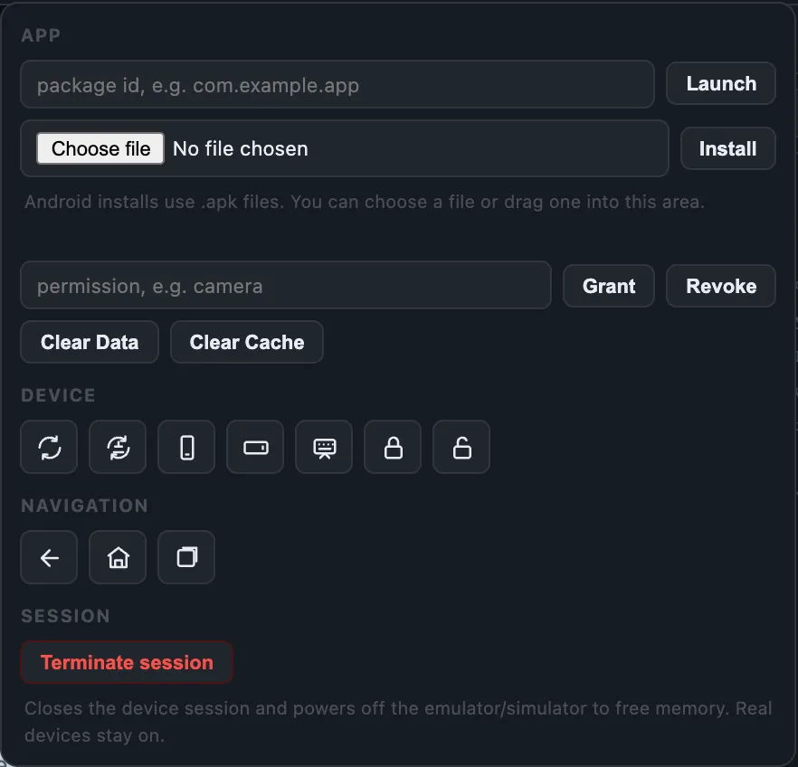 The Controls panel: app launch/install, permissions, data and cache, the device action row, and the Session section with Terminate.
