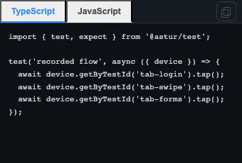 The Code tab showing the exported @astur-mobile/test spec generated from the recorded steps.