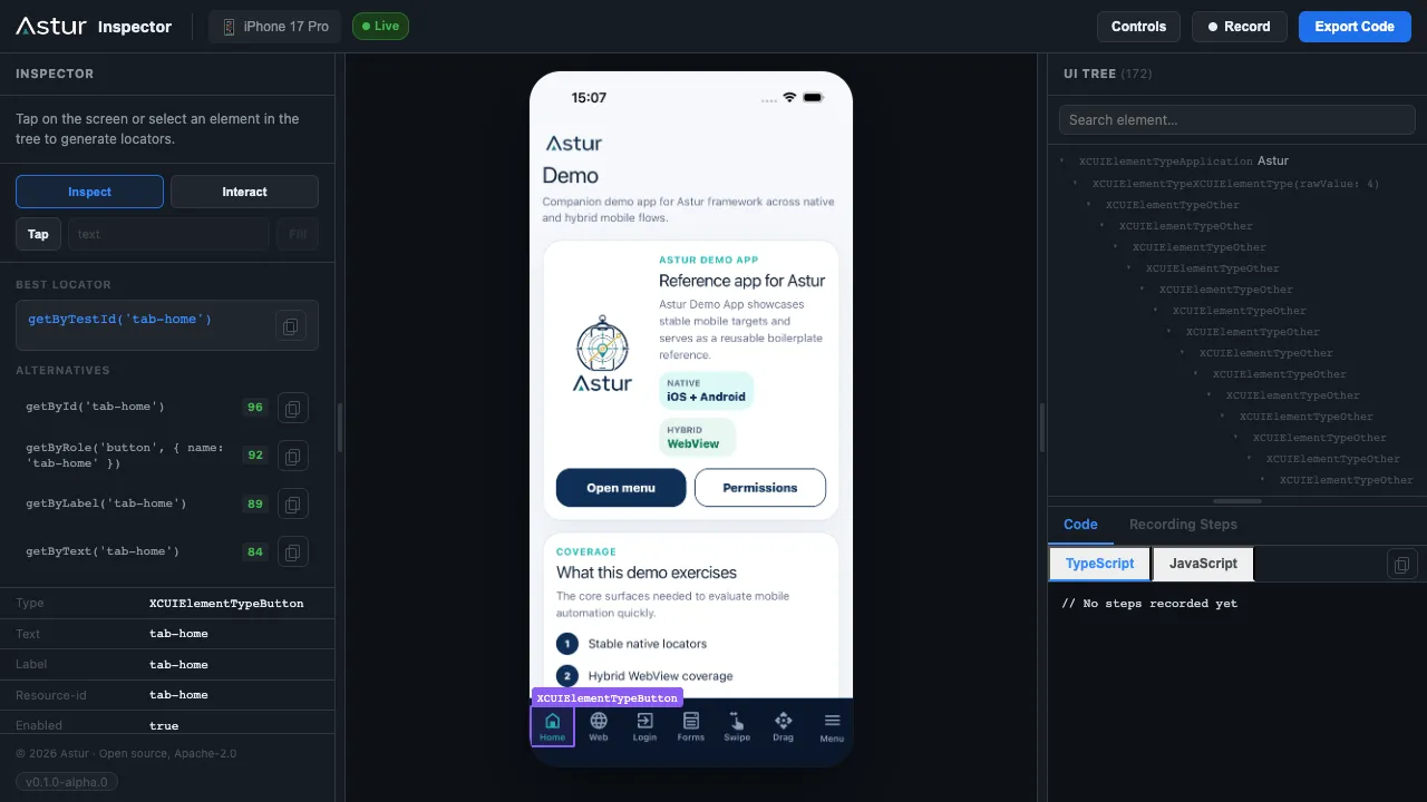 The Astur Inspector: device mirror in the centre, the live UI tree on the right, and ranked locators with element details on the left.