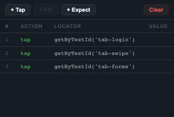 The Recording Steps tab listing recorded tap actions with their generated locators.