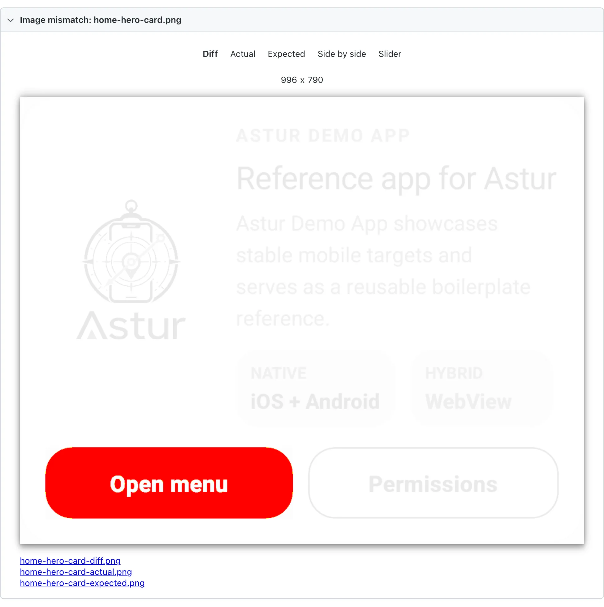 The Playwright HTML report showing an image mismatch for home-hero-card.png. The Diff tab is selected and the “Open menu” button is highlighted in red, while the unchanged parts of the card are faded out.