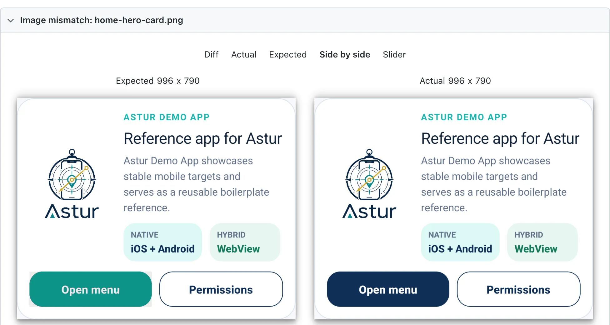 The same report on the Side by side tab, showing the expected card with a teal button next to the actual card with a navy button.